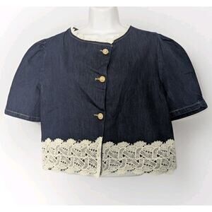 In Seoul Beautiful City Denim Lace Trim Babydoll Crop Top Boho Button Festival M